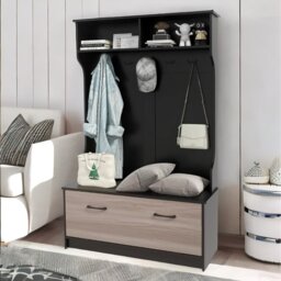 Modern Tall Hall Tree Coat Stand With Shoe Rack And Storage Shelves - Black - thumbnail 3