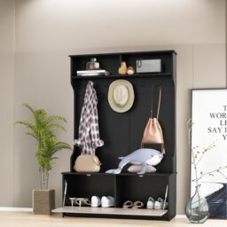 Modern Tall Hall Tree Coat Stand With Shoe Rack And Storage Shelves - Black - thumbnail 5