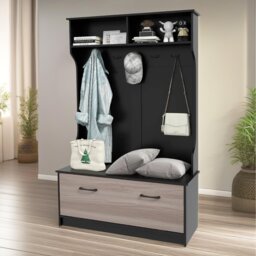 Modern Tall Hall Tree Coat Stand With Shoe Rack And Storage Shelves - Black - thumbnail 4