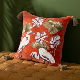 Kushiro Embroidered Velvet Cushion - Coral / Feather - thumbnail 2