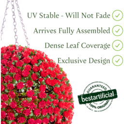 Best Artificial 28cm Red Rose Hanging Basket Flower Topiary Ball - Red - thumbnail 2