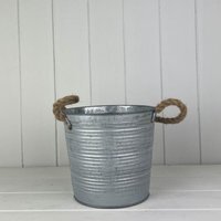 Grey Ribbed Zinc Bucket with Hessian Ears - Grey