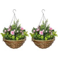 Artificial Hanging Flower Pot Set Outdoor Indoor Decor - Pink