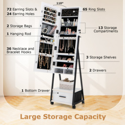 Mobile Jewellery Cabinet Lockable Jewellery Armoire - White - thumbnail 4
