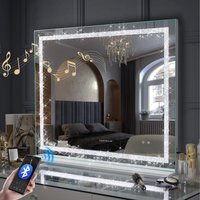 FENCHILIN Bluetooth Hollywood Vanity Mirror with Crystal Strip Lights Wall-Mount - Metal White
