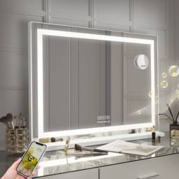 FENCHILIN Bluetooth Hollywood Vanity Mirror with Crystal Strip Lights Wall-Mount - Metal White - thumbnail 2