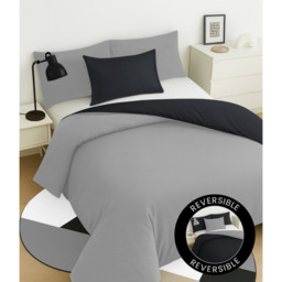 Soft Touch Plain Reversible Microfibre Duvet Cover and Pillowcase Set - Black/silver / Double - thumbnail 5