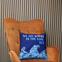 Printed Cotton Cushion Cover We are Waves - Grey,Blueand Natural