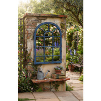 Arched Window Wall Mirror Blue Rustic Frame 69 X 34 CM - Blue Rustic