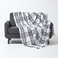 White and Black Tartan Check Sofa and Bed Throw - White and Black / 200cm - thumbnail 1