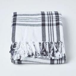 White and Black Tartan Check Sofa and Bed Throw - White and Black / 200cm - thumbnail 2