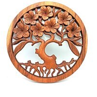 Tree of Life Frangipani Wooden Wall Panel - Hand-Carved, Sustainable Suar Art - Brown