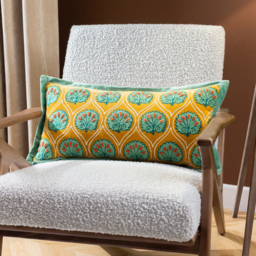 Casa Embroidered Cushion - Ochre/Marine / Polyester - thumbnail 3