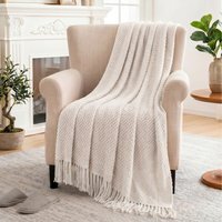 Acrylic Knitted Throw Blanket with Corn-Grain Pattern - Beige