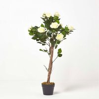 Homescapes White Potted Rose Tree Artificial Plant with green leaves, 90 cm - White - thumbnail 1