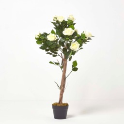 Homescapes White Potted Rose Tree Artificial Plant with green leaves, 90 cm - White - thumbnail 5