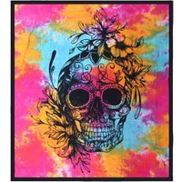 Double Cotton Bedspread  Wall Hanging - Day of the Dead Skull Art - Multi