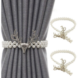 A Pair Of Deer Pearl Elastic Curtain Buckle Straps - Silver - thumbnail 2