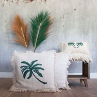 Linen Cushion Cover Palm Tree Fringe, Stylish Tropical Decor - White - thumbnail 1