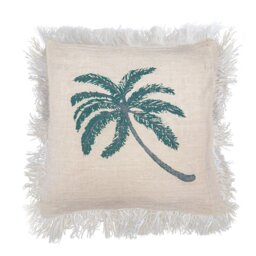 Linen Cushion Cover Palm Tree Fringe, Stylish Tropical Decor - White - thumbnail 4