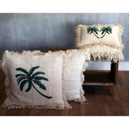 Linen Cushion Cover Palm Tree Fringe, Stylish Tropical Decor - White - thumbnail 3