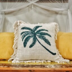 Linen Cushion Cover Palm Tree Fringe, Stylish Tropical Decor - White - thumbnail 2