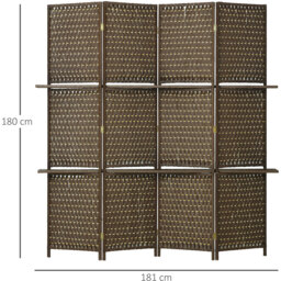 HOMCOM 4-Panel Folding Wall Divider Room with Shelves Privacy Screen Panels - Brown - thumbnail 2
