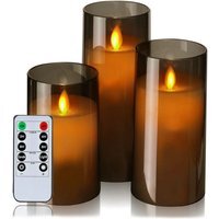 Set of 3 LED Glass Candles with Remote - Smoke Grey - thumbnail 1