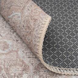 Neutral Beige Distressed Traditional Medallion Non Slip Washable Area Rug - Beige / 240 x 60cm - thumbnail 5