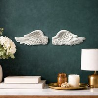 Set of 2 Resin Angel Wings Wall Sculptures (21 x 14 cm) - Distressed White