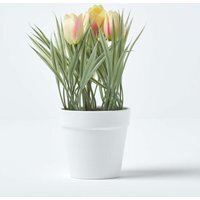 Homescapes Pink  Cream Artificial Tulips in White Decorative Pot, 22 cm Tall - Pink - thumbnail 1