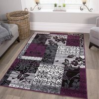 Purple Black Grey Floral Patchwork Living Room Rug - Purple / 170 x 120cm
