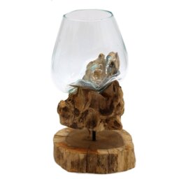Hand Blown Molten Glass on Wooden Stand Decorative Bowl - Turquoise - thumbnail 2