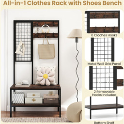 Industrial Coat Rack Hall Tree with Bench - Brown - thumbnail 5