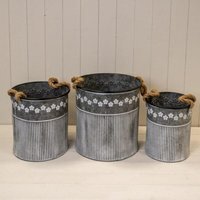 Grey Set of 3 Zinc Planters Flower & Rib Design - Grey