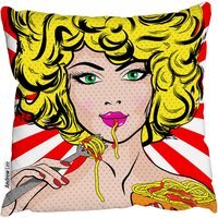 Pop Art Young Woman Eating Spaghetti Outdoor Cushion - Red / 60cm - image 1