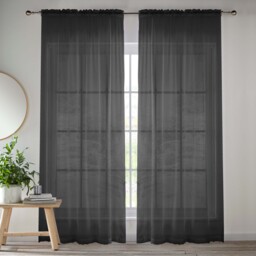 Pair of Slot Top Sheer Plain Woven Voile Curtain Panels - Black / 137cm - thumbnail 4