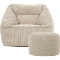 Giant Cord Armchair Bean Bag with Round Footstool - Natural