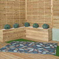 1.5m x 2.1m Flora Leaves Large Outdoor Alfresco Patio Rug Mat in Blue - Blue / Grey