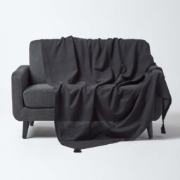 Homescapes Cotton Rajput Ribbed Throw - Black / 255cm / 1.55kg - thumbnail 2