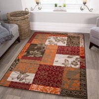 Red Terracotta Brown Floral Patchwork Living Room Rug - Red / 230 x 160cm