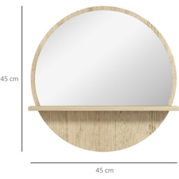 kleankin Round Bathroom Mirror with Shelf Wall Mounted Makeup Mirror - Natural Wood Effect - thumbnail 2