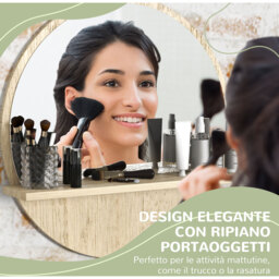kleankin Round Bathroom Mirror with Shelf Wall Mounted Makeup Mirror - Natural Wood Effect - thumbnail 3