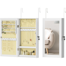 HOMCOM Jewelry Cabinet, Wall-Mounted Storage Cabinet with Mirror - White, Beige - thumbnail 2