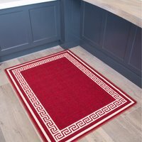 Geometric Bordered Non Slip Washable Kitchen Utility Mat - Red / 160 x 120cm