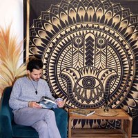 Double Cotton Bedspread  Wall Hanging - Hamsa Black Gold Art - Black
