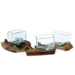 Molten Glass Tank on Wood Stand Small Decorative Bowl for Air Plants Stones - Turquoise - thumbnail 2