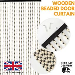 Wooden Beaded Door Curtain with Hook - 90 x 200 cm Bead Curtain  - Black & White - thumbnail 3