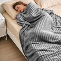 Reversible Fluffy Striped Throw Blanket  - Dark Grey / 230cm W x 200cm D