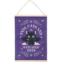 Enchanting Bats, Cats  Witches Hats Fabric Wall Hanging Decor - Blue
